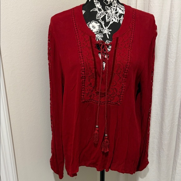 Artesia Tops - Elegant Lace-Up Blouse in Deep Red